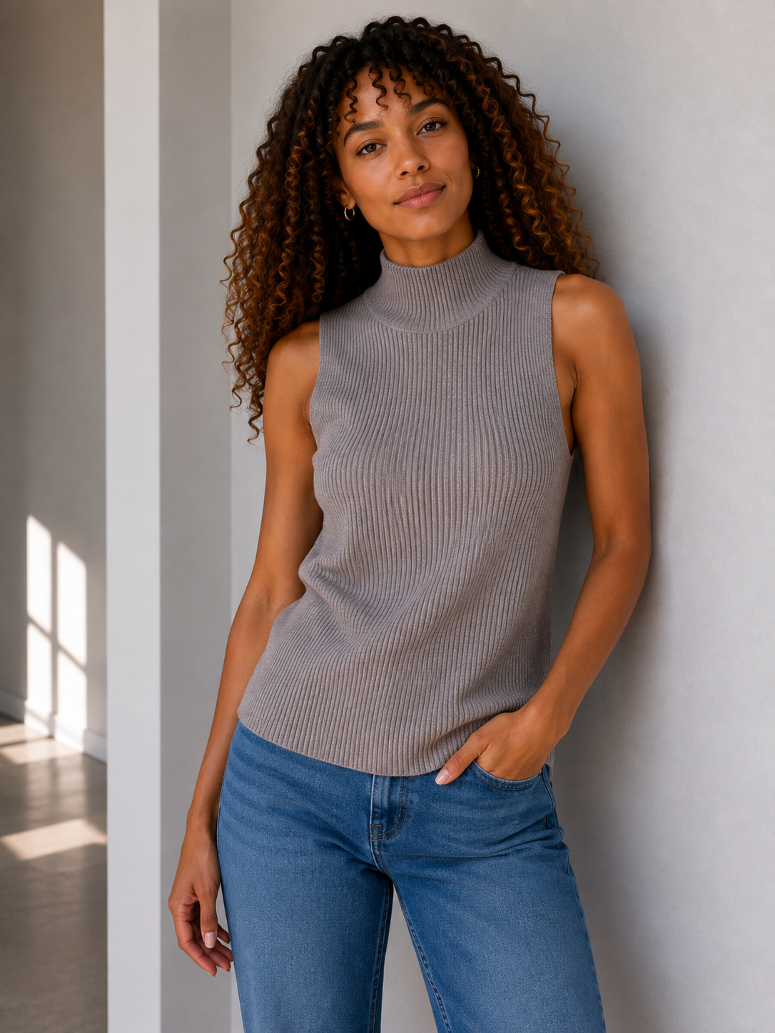 A woman with curly brown hair wearing a sleeveless ribbed knit mock neck top in taupe and blue jeans, standing against a light grey wall.