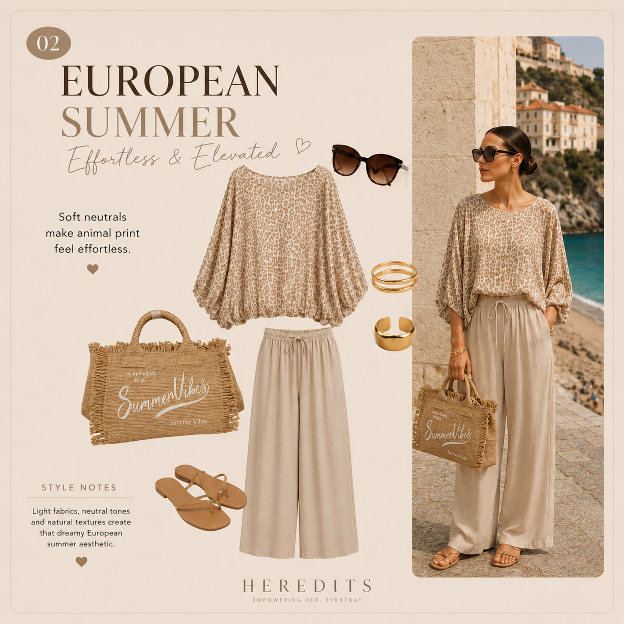 Fashion collage with outfit, accessories, and lifestyle photo on a beach.