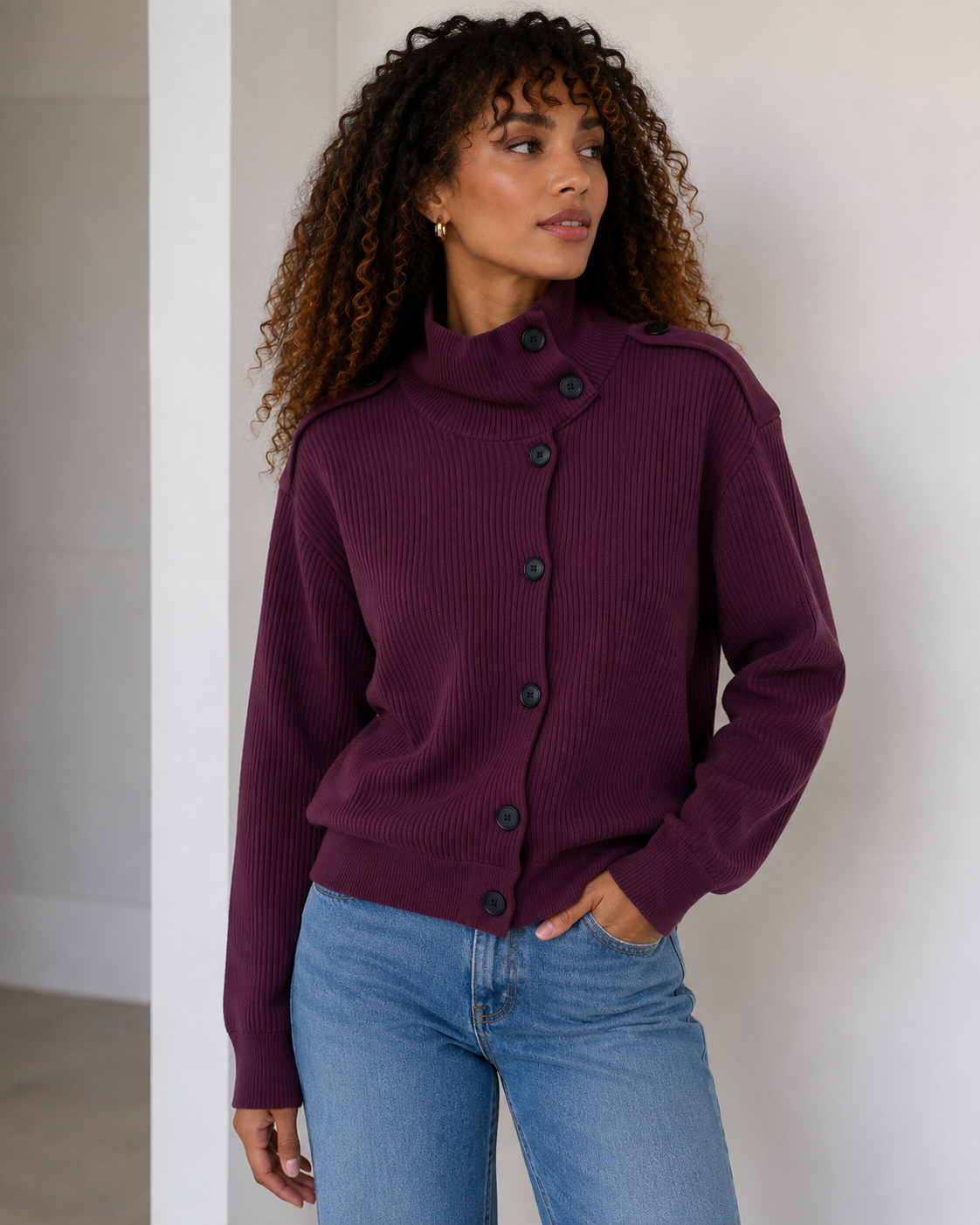 High Neck Ribbed Utility Cardigan | HerEdits