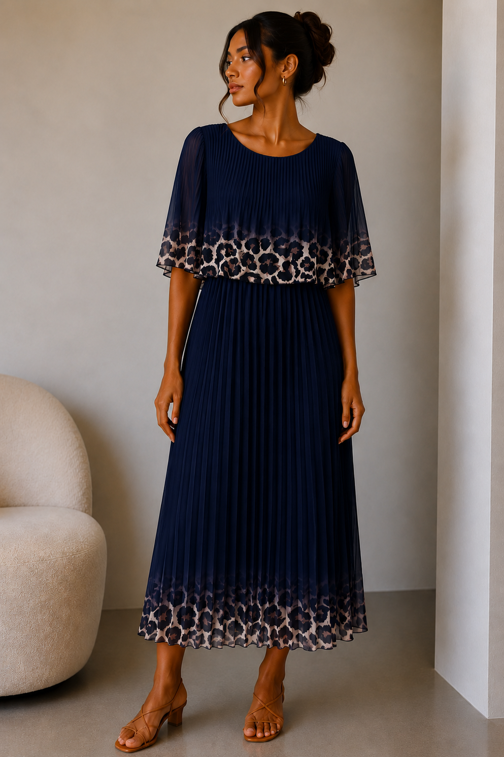 Leopard Trim Pleated Midi Dress | HerEdits