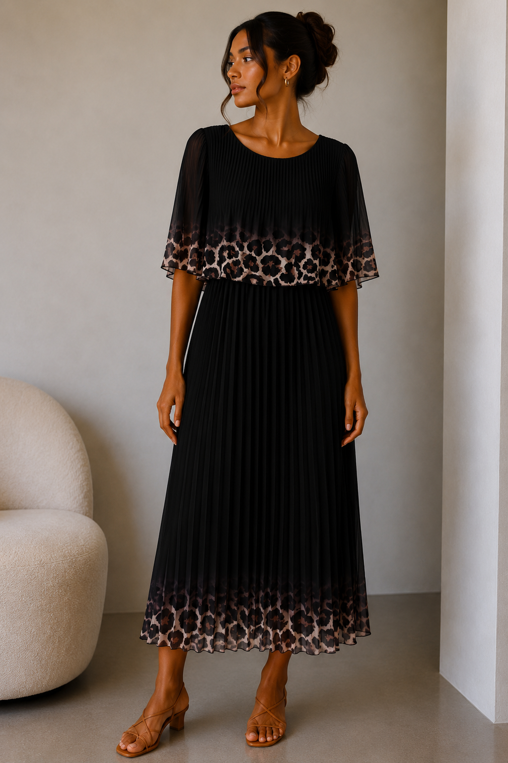 Leopard Trim Pleated Midi Dress | HerEdits