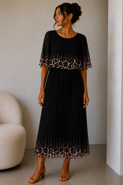 Leopard Trim Pleated Midi Dress | HerEdits