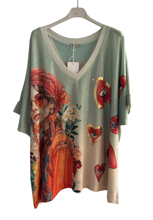 Statement Art Print V-Neck Top