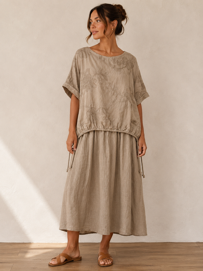 Floral Embroidered Layered Midi Dress – Adjustable Tie Waist