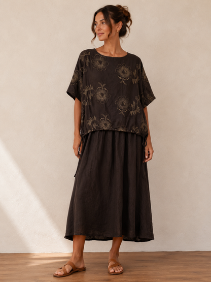 Floral Embroidered Layered Midi Dress – Adjustable Tie Waist