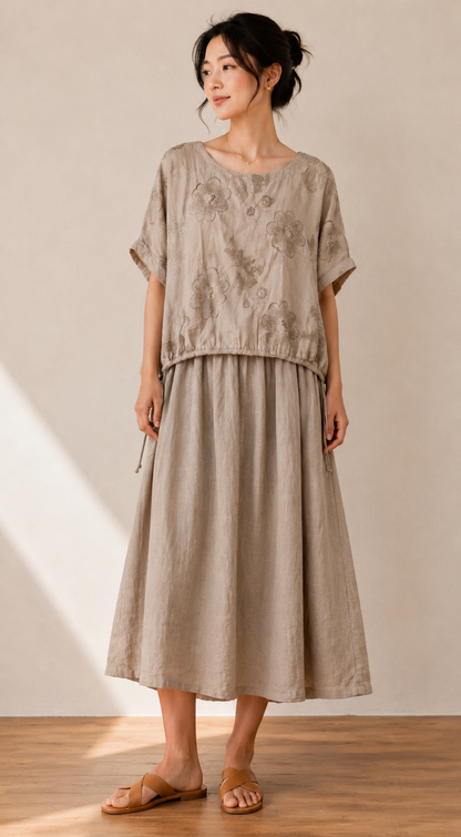 Floral Embroidered Layered Midi Dress – Adjustable Tie Waist