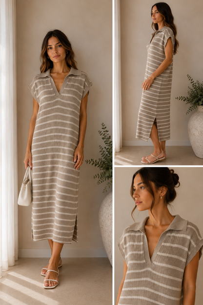 Knitted Stripe Midi Dress – Soft Luxe Collared Dress