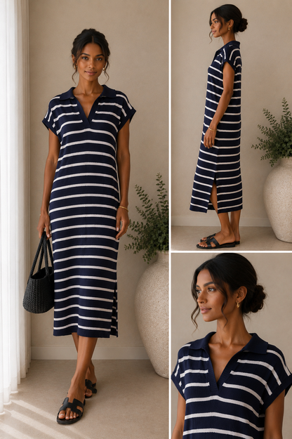 Knitted Stripe Midi Dress – Soft Luxe Collared Dress