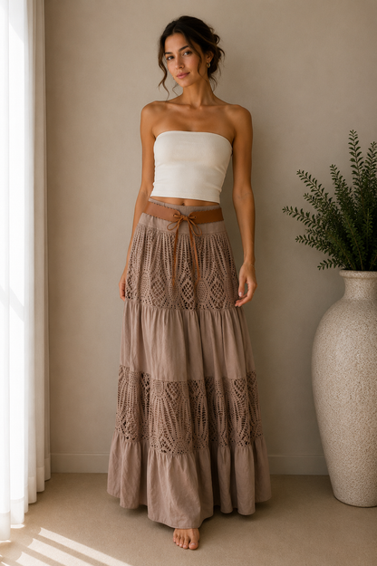 Crochet Panel Boho Midi Skirt