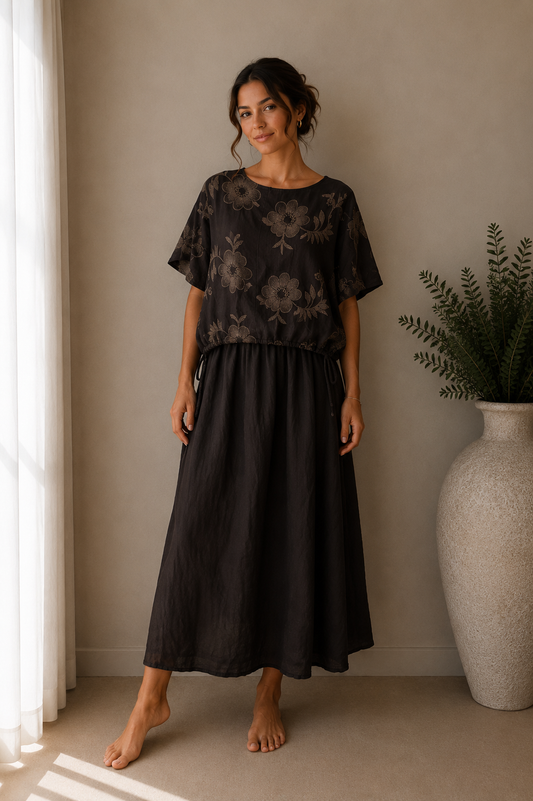 Floral Embroidered Layered Midi Dress | HerEdits