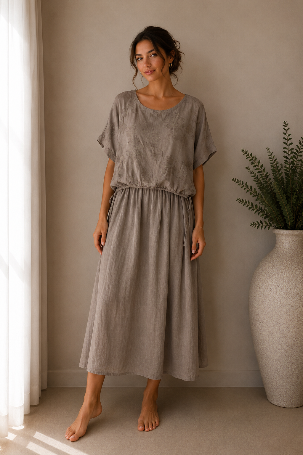 Floral Embroidered Layered Midi Dress – Adjustable Tie Waist