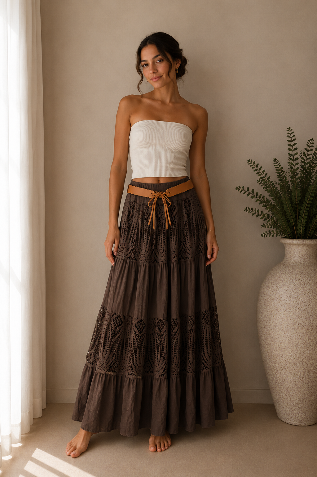 Crochet Panel Boho Midi Skirt