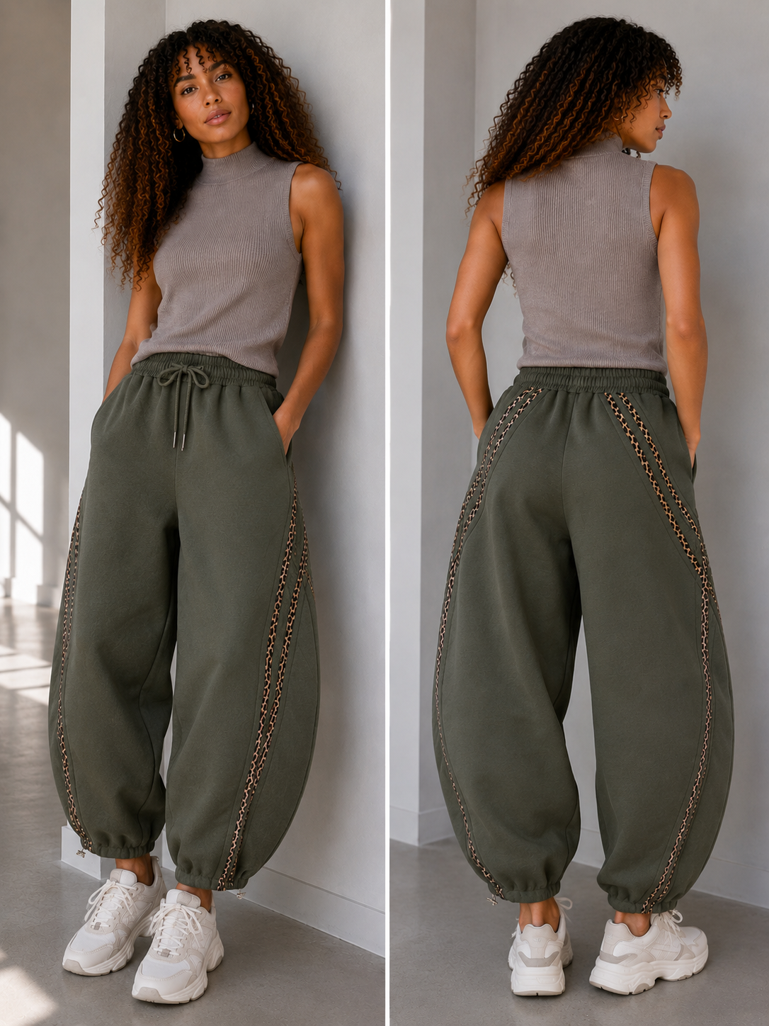 Split image of a woman stands indoors against a light grey wall wearing loose Khaki green drawstring pants with decorative chain-like side detailing, a taupe sleeveless top, and white sneakers. Front and back profile.