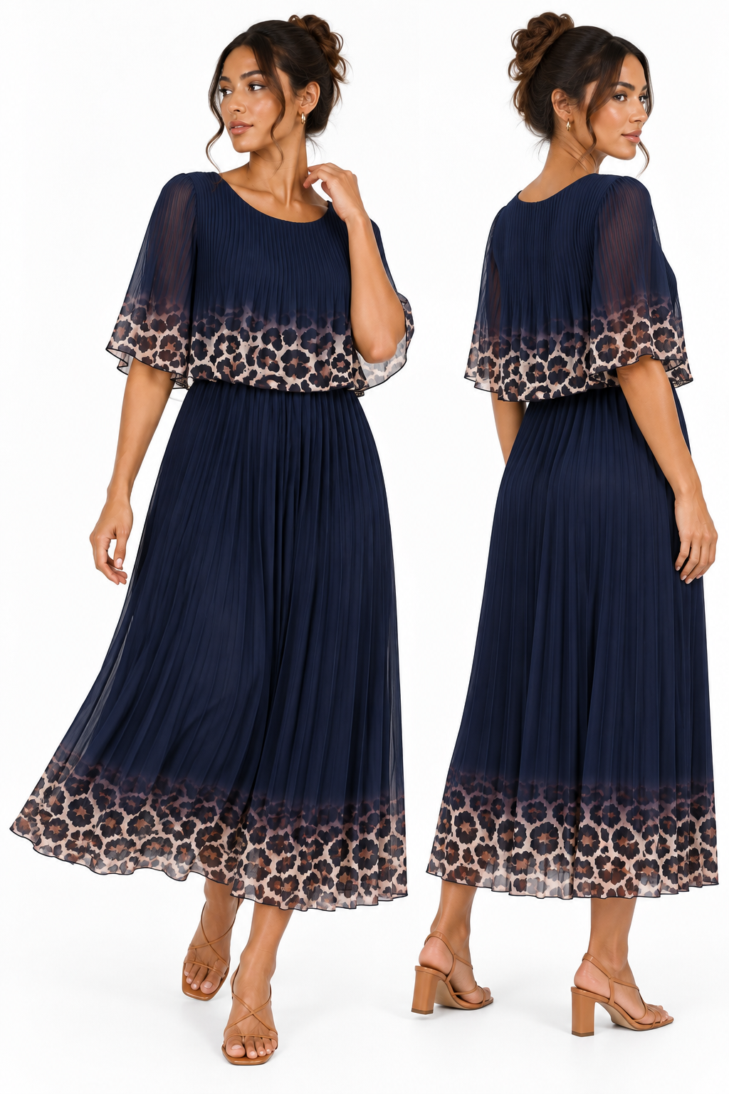 A woman modeling a navy maxi dress with leopard-print and sheer flutter sleeves, shown from both front and back views against a plain white background.