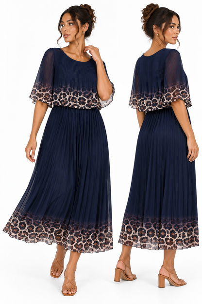 A woman modeling a navy maxi dress with leopard-print and sheer flutter sleeves, shown from both front and back views against a plain white background.
