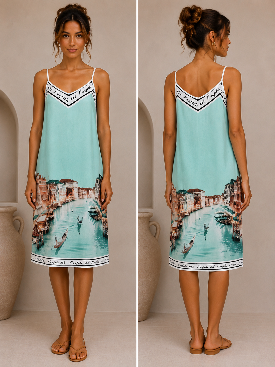 A woman modeling a sleeveless slip dress shown from the front and back. The dress is light aqua with a printed canal scene and white trim with black script text at the neckline and hem.