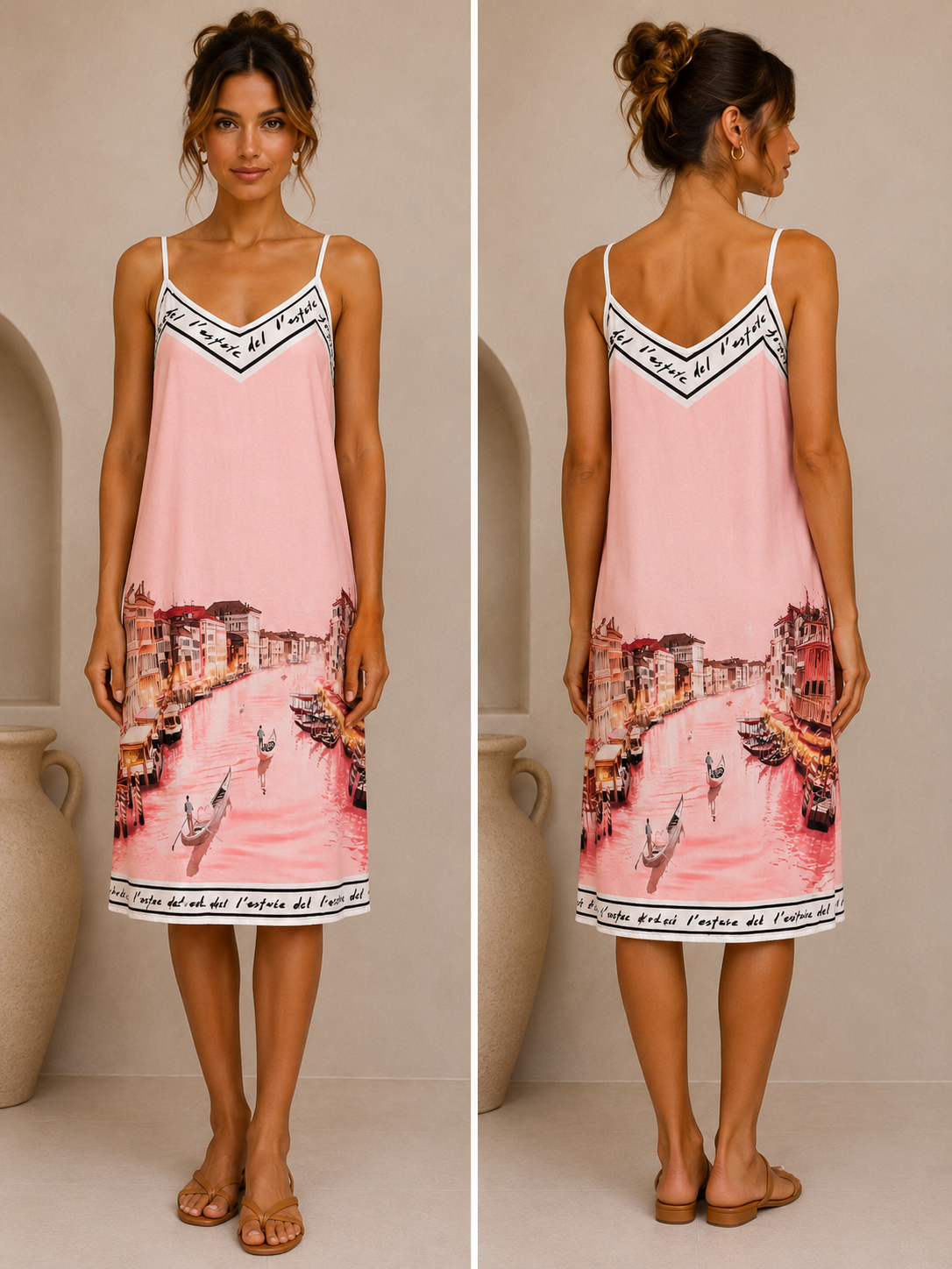A woman modeling a pink spaghetti-strap slip dress with a Venice canal print, shown in front and back views against a neutral beige background.