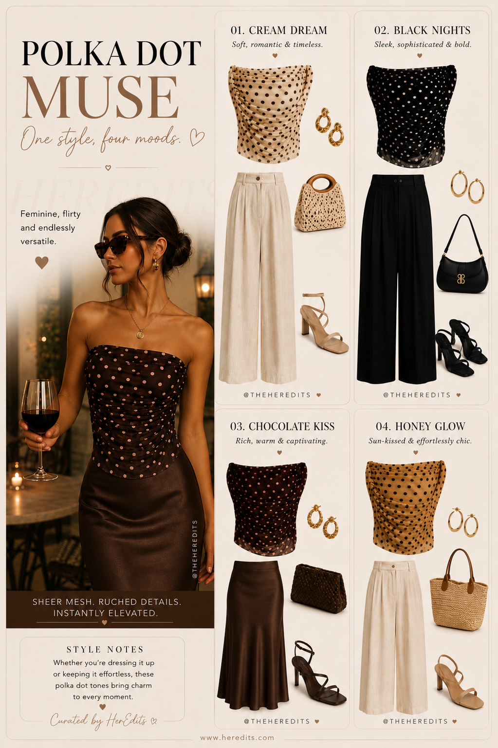 Polka dot dress with outfit variations and accessories on a white background by heredits.com