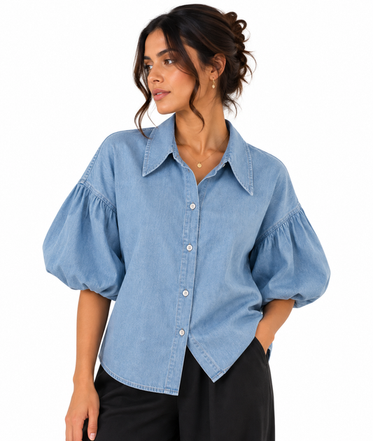 Puff Sleeve Denim Blouse | HerEdits