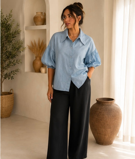 A woman stands indoors wearing a light blue button-up shirt with voluminous puff sleeves and black wide-leg pants. The room has warm neutral walls, built-in shelves with decorative vases, a potted plant, and a large ceramic vase near a bright window.