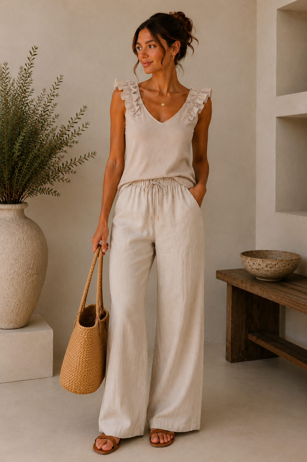Woman in beige sleeveless top and white pants holding a woven bag indoors.