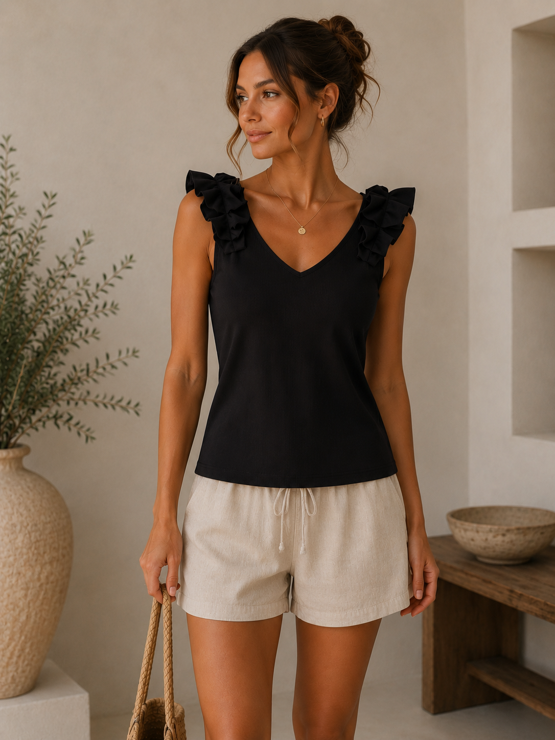 Woman wearing a black sleeveless top with ruffles and light-colored shorts indoors.