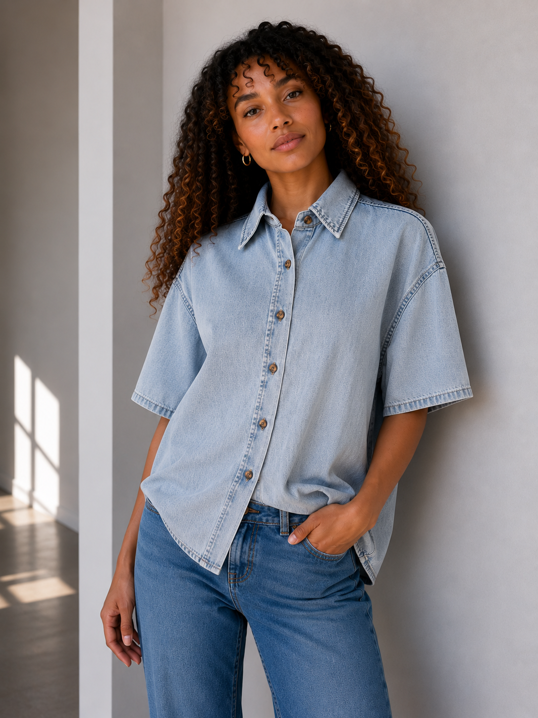 A woman with curly hair wearing a light blue short-sleeve denim button-up shirt and medium-wash blue jeans, standing against a light gray wall.