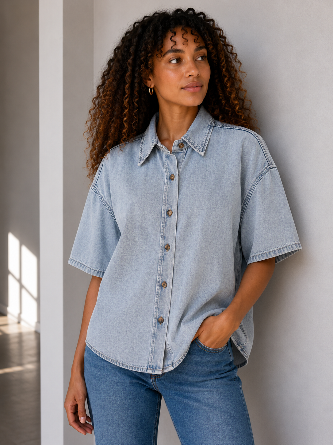 A woman with curly brown hair wearing a light-wash blue denim short-sleeve button-up shirt and blue jeans, standing against a light gray wall.