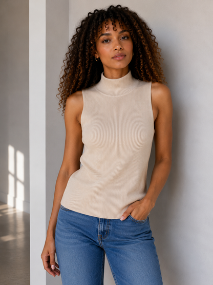 A woman with curly brown hair wearing a beige sleeveless ribbed knit mock neck top in taupe and blue jeans, standing against a light grey wall.