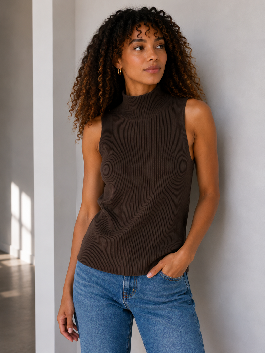 A woman with curly hair wearing a sleeveless ribbed knit mock neck sweater in dark brown and blue jeans, standing against a light gray wall.