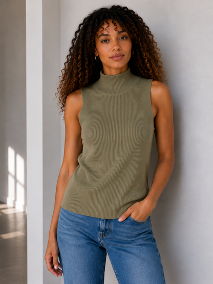 A woman with curly brown hair wearing a khaki sleeveless ribbed knit mock neck top in taupe and blue jeans, standing against a light grey wall.
