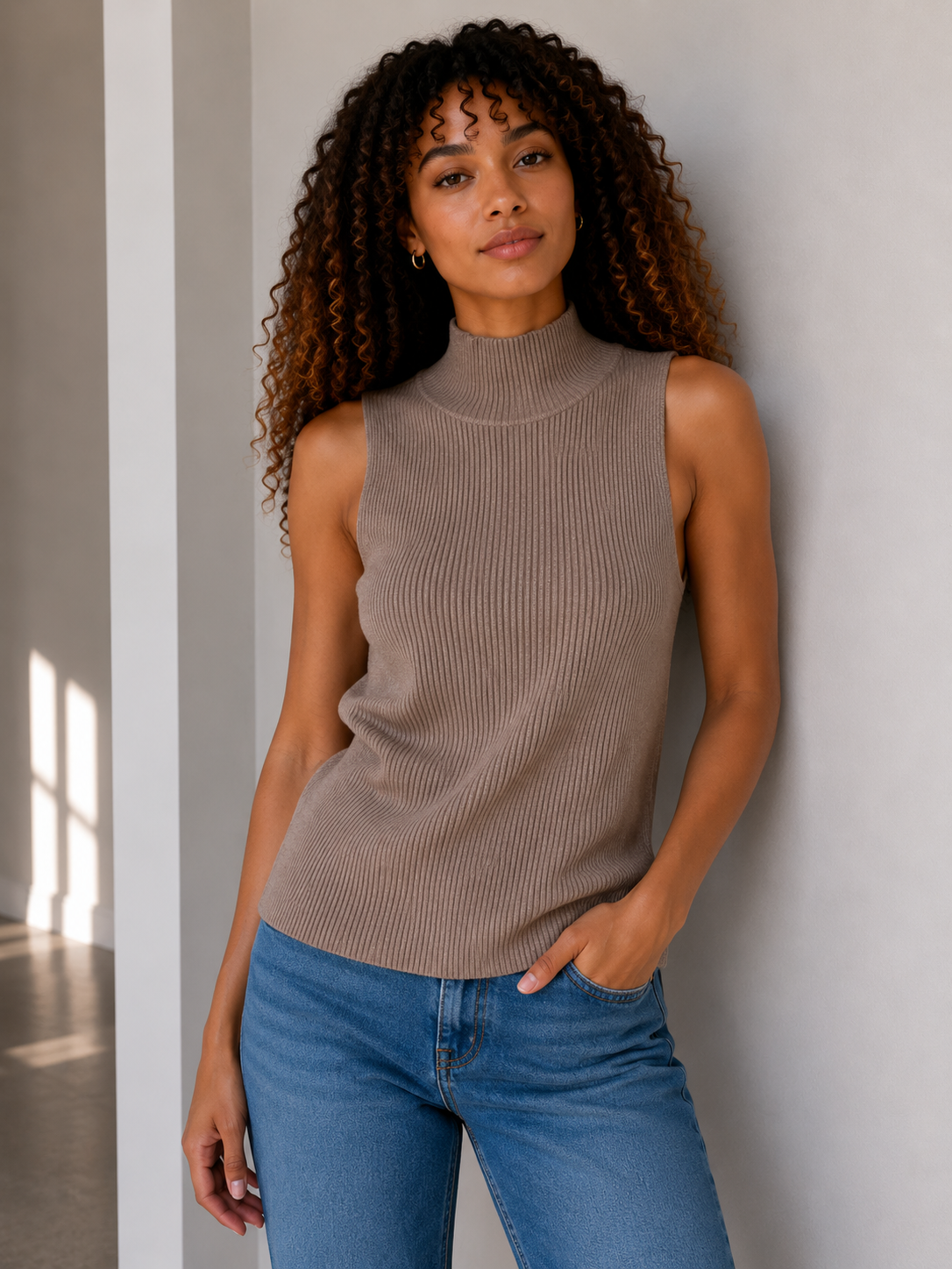 A woman with curly brown hair wearing a taupe / mocha sleeveless ribbed knit mock neck top in taupe and blue jeans, standing against a light grey wall.