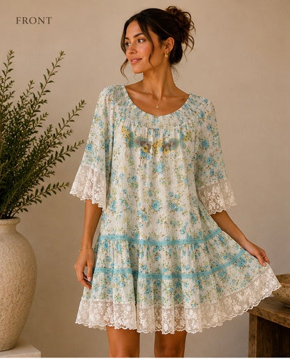 Woman wearing a floral dress with a neutral background
