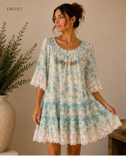 Woman wearing a floral dress with a neutral background