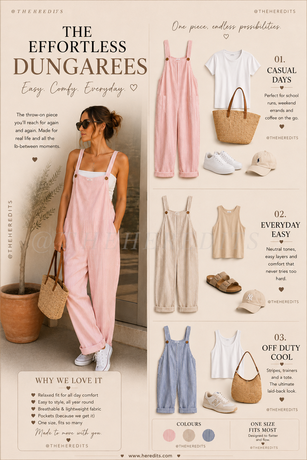 Woman wearing a pink dungaree outfit with fashion items displayed around her.