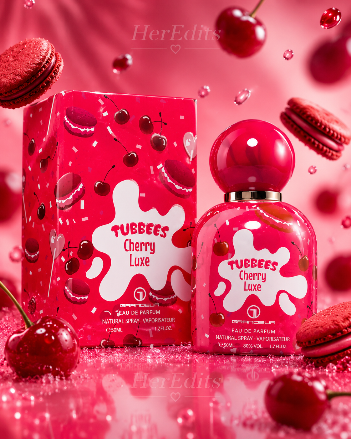 TUBBEES Cherry Luxe 50ml Eau de Parfum with matching pink cherry-print box, styled with glossy cherries and red macarons on a vibrant pink background.