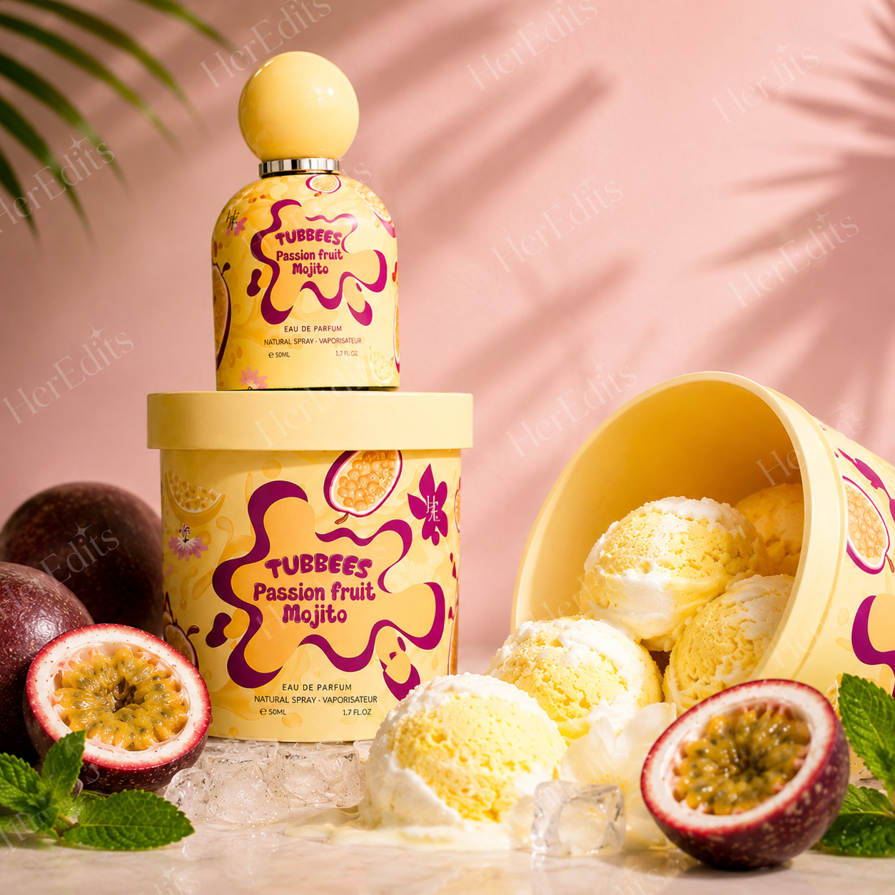 A yellow tub of passion fruit mojito ice cream with a matching round bottle, styled with real ice cream scoops, halved passion fruit, mint leaves, and ice on a pink surface. The tub is labeled 'TUBBEES Passion Fruit Mojito'.